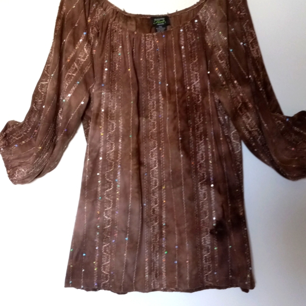 BROWN PEASANT TOP ON OFF SHOULDER SEQUINS SIZE PETITE X LARGE
